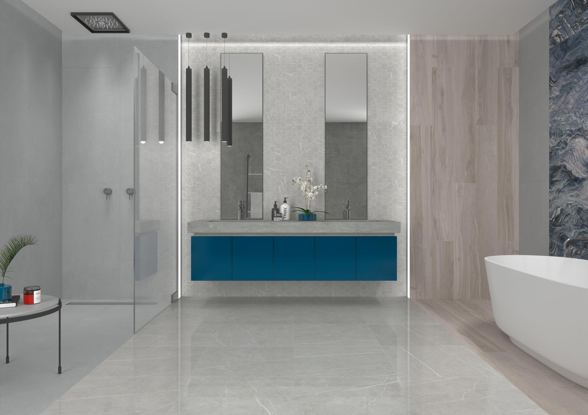 AMB ELITE SILVER 60X60 MOSAICO HEX ELITE SILVER 60X120 ORIGIN SILVER 22,5X180 EXPLOSION BLUE 120X120